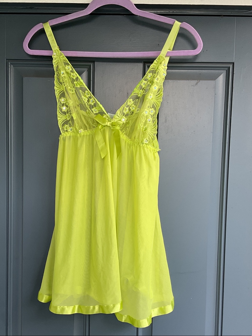 Neon Lime Green Lace-Trim Babydoll Chemise - Unknown Brand